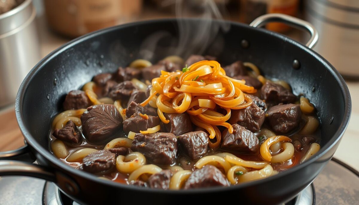 карамелизированным луком сверху, ноткой трав, поднимающимся паром, деревенской обстановкой кухни, мягким освещением.