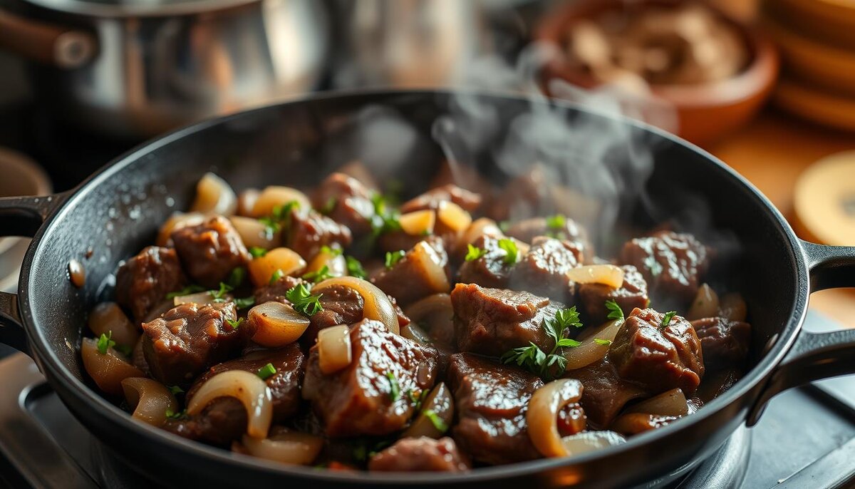 «Сковорода с жареной печенью и луком, украшенная свежей зеленью, поднимающийся пар, теплая деревенская обстановка, яркие цвета, аппетитная подача, крупный план блюда».