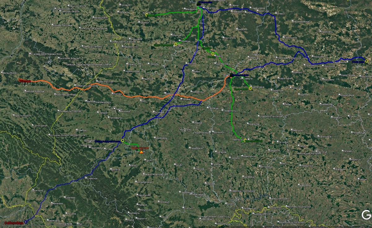 Карта-схема выдачи мощности западноукраинских АЭС. Дополнительно показана Бурштынская ТЭС и ВЛ 750 кВ Западноукраинская – Саболчбака, как средства балансировки обеих АЭС
