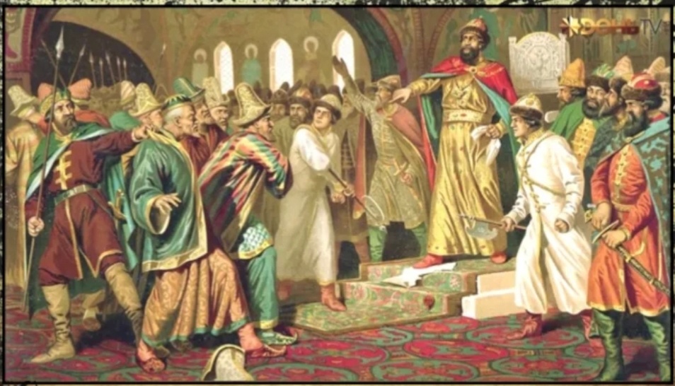 Иван III разрывает ханскую грамоту с требованием возобновления выплаты дани. Более того, после того как он порвал, он демонстративно швырнул её в лицо послам Орды 