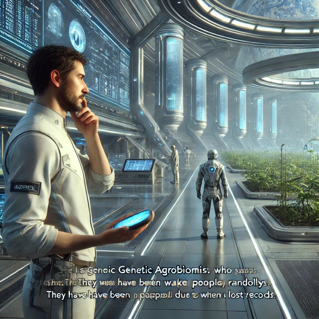 Dall-E: Here is the image based on your scene inside the futuristic space station, featuring the interaction between the genetic agrobiologist and the translator, with the mysterious figure in a white suit. It captures the surreal atmosphere of the larger-than-expected station.