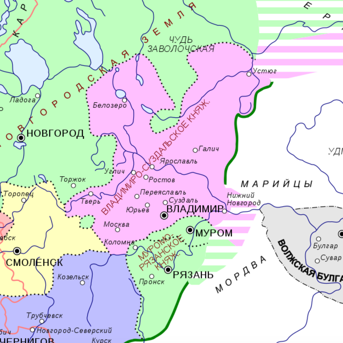 Карта древней Руси с выделенными Владимиром и Суздалем