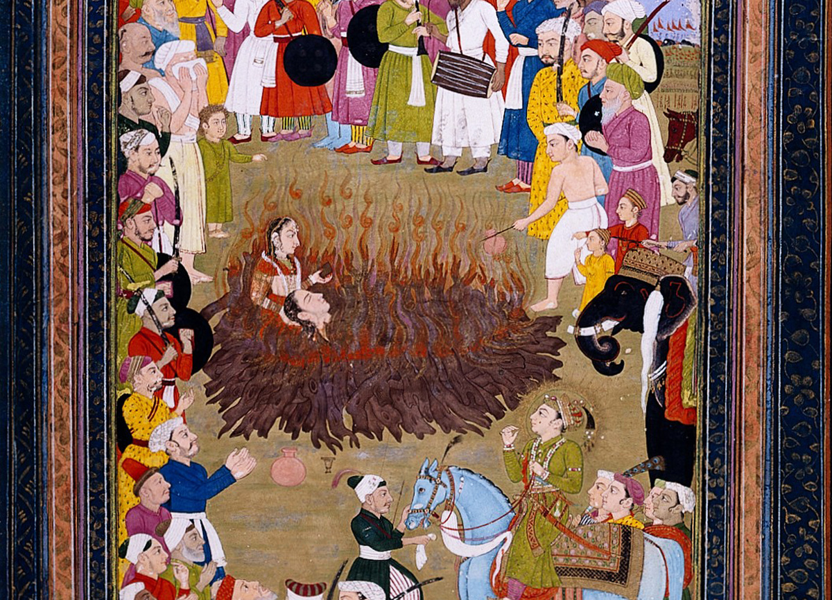 "Индуистская принцесса совершает сати вопреки воле императора Акбара, но с его неохотного согласия" Мохаммад Риза, 17 век.