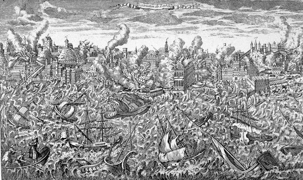 Гравюра 1755 года, изображающая руины Лиссабона в пламени пожаров и цунами, накрывающее корабли в гавани.