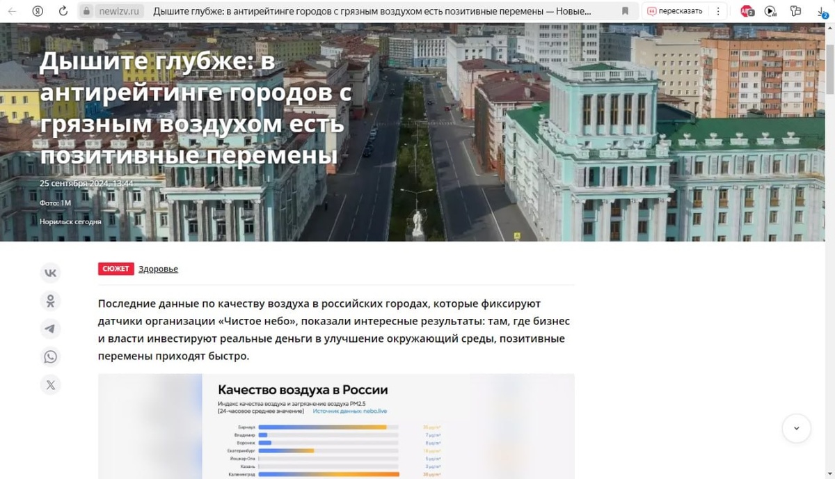 Пример вёрстки такой статьи о рейтинге загрязнения воздуха, с сентенцией о деньгах, власти и чистоте воздуха