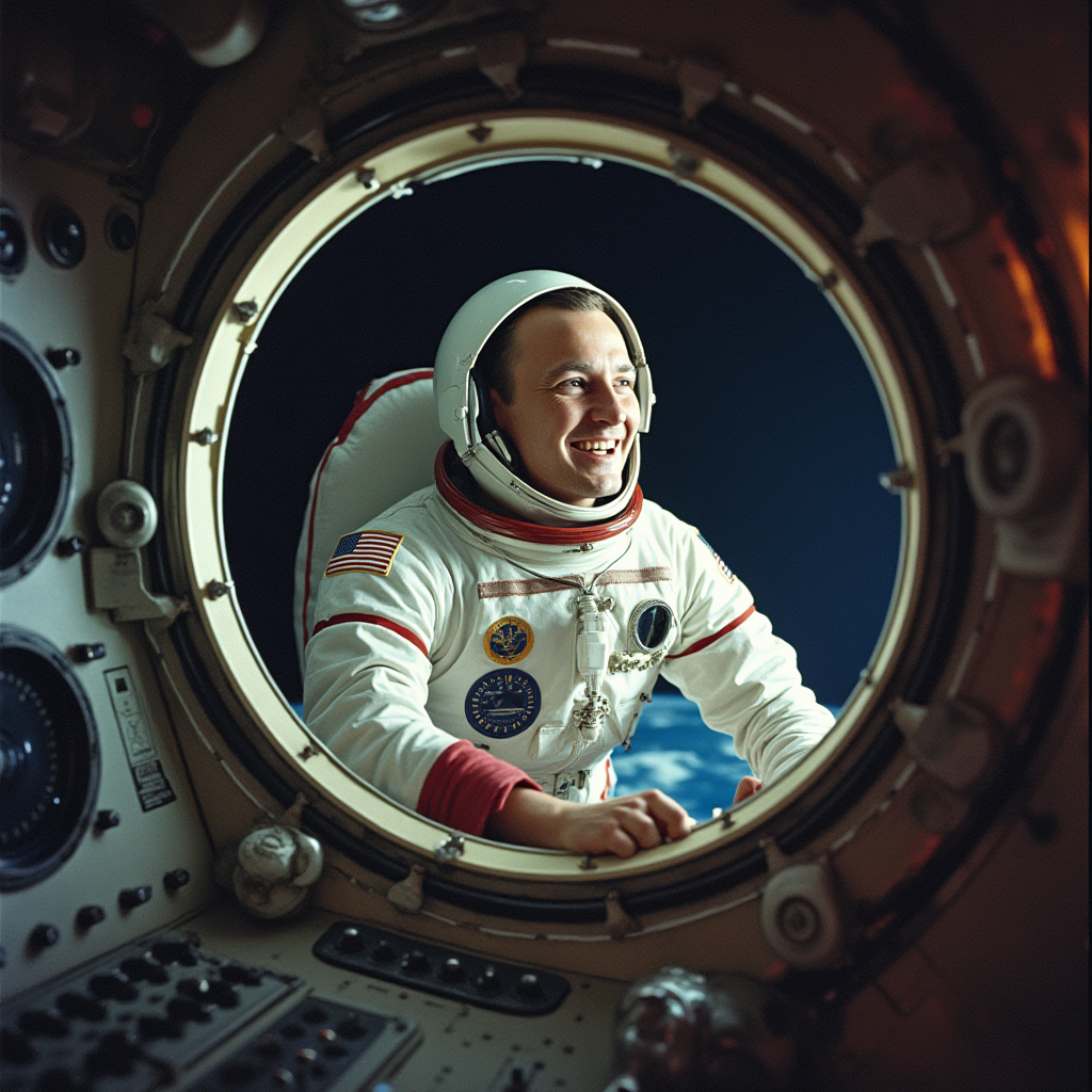 Гагарин, смотрящий на Землю из космоса, воссоздает атмосферу его исторического полета и чувства единства с планетой.