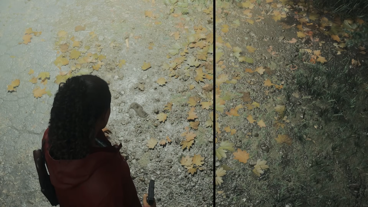 игра Alan Wake 2 справа с трассировкой лучей, слева без нее 