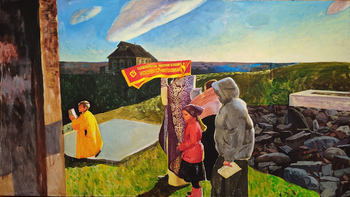 "Вынос Плащаницы"- холст/акрил, 75×133, 2023 г.