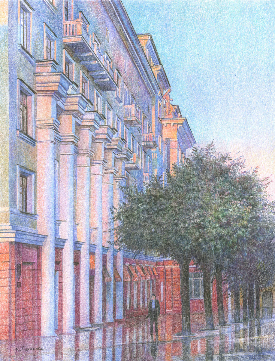 К. Тихонова. Серия: Удивительный Смоленск. Лист: Колоннада гостиницы «Смоленск». 2024. Бумага, цветной карандаш. 37Х28.