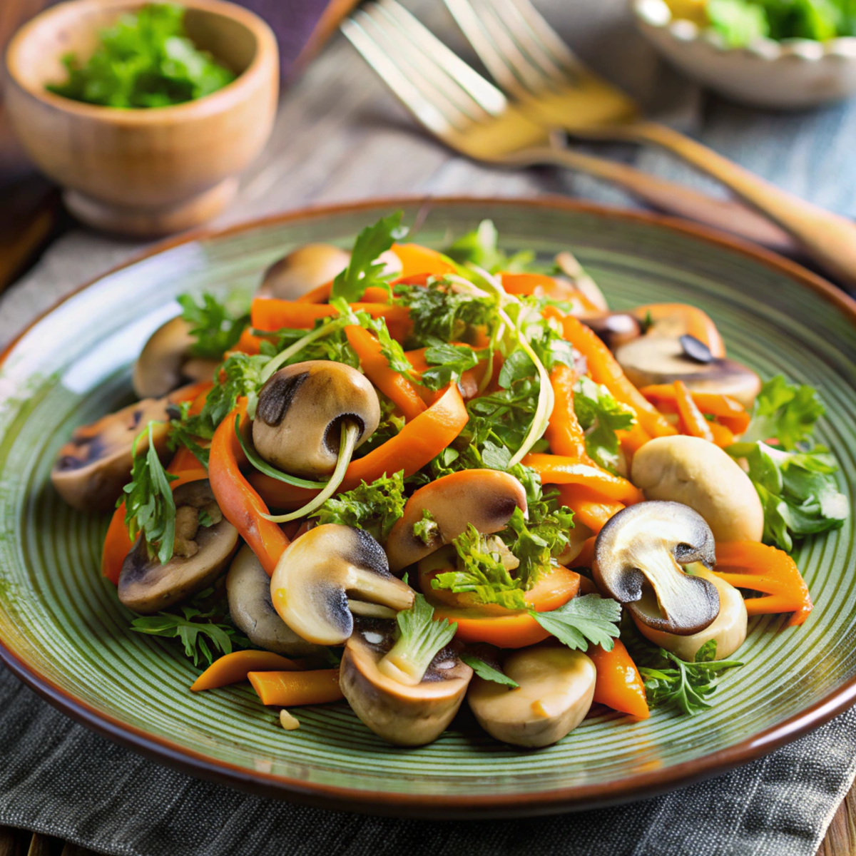 Салат по-корейски с шампиньонами, морковкой, уксусом и сахаром