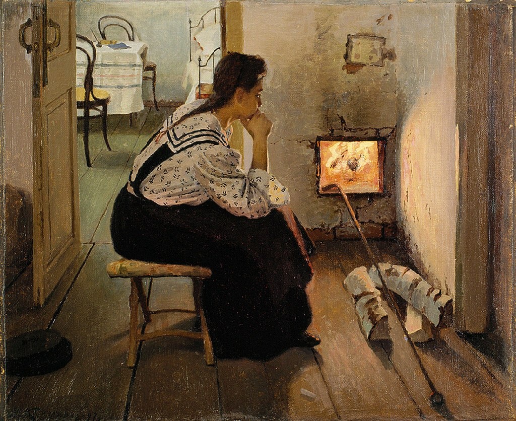 Картина "Думы у печки", художник Калиниченко Я. Я., 1897.