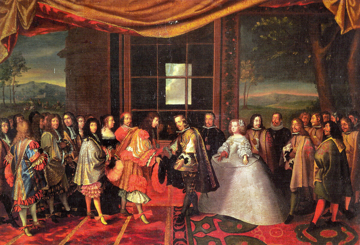 Людовик XIV и Филипп IV Испанский во время встречи на острове Фазанов, июнь 1660 года, автор Шарль ле Брюн
