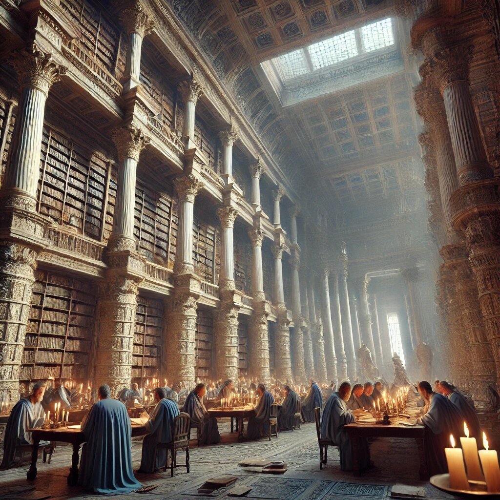    Величественная Александрийская библиотека с высокими колоннами, наполненная свитками и ученными, которые углубленны в изучении.