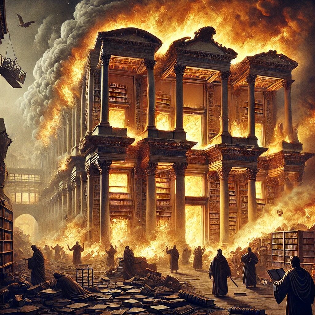    Драматическая сцена разрушения библиотеки: огонь поглощает здание, ученные пытаются спасти свитки, и ощущается хаос и трагедия.