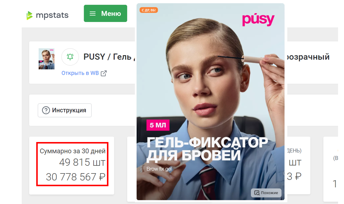 Скриншот из МПстатс - 1 артикул Pusy в месяц продается на 30 миллионов рублей!