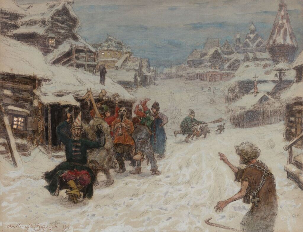 А. Васнецов, «Средневековая Москва. Скоморохи», 1904 г. (фото: my.tretyakov.ru)