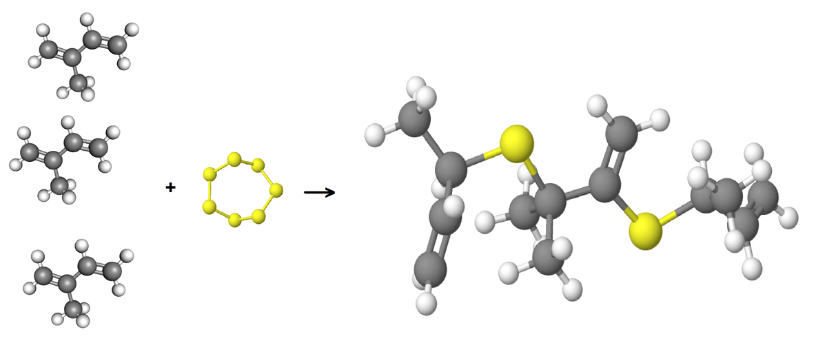 Рис. 2 – Схема вулканизации каучука с образованием «серных мостиков»                             (источник: Собственный рисунок с использованием программы MolView)