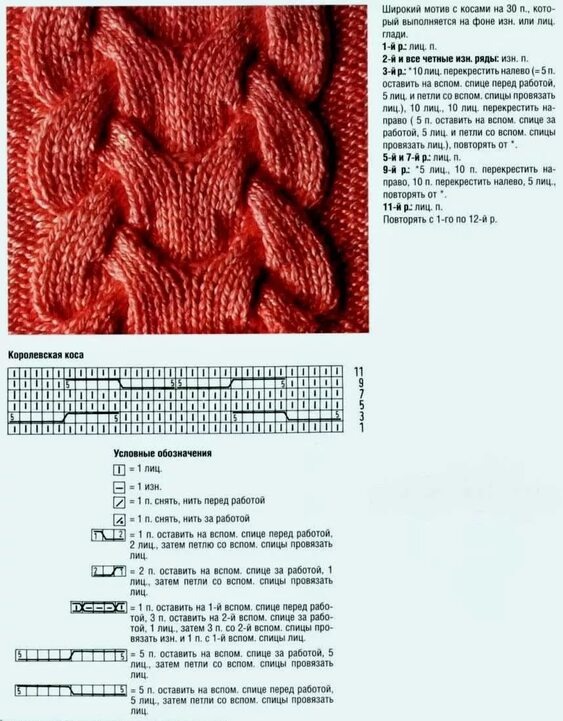 Шикарный узор КОРОЛЕВСКАЯ КОСА. Рапорт узора состоит из 30 петель и 11 рядов. Расстояние между косами регулируется за счёт вывязывания изнаночных петель. 