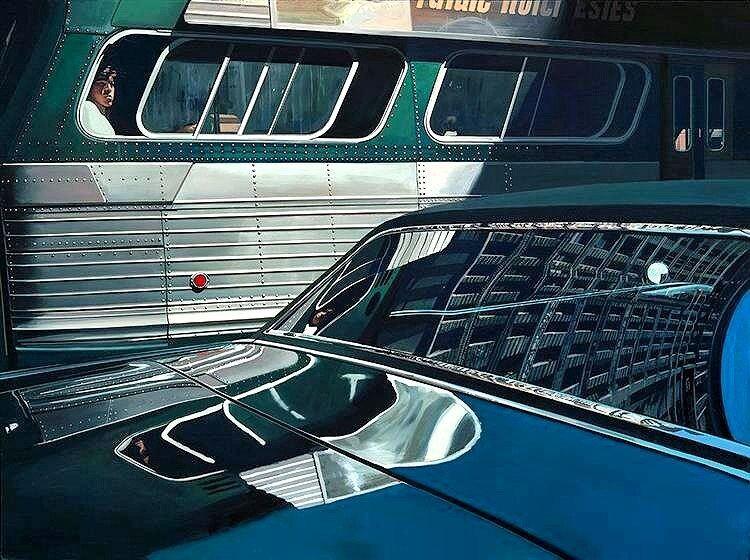 Ричард Эстес: Автобус с отражением здания  Flatiron , 1966-67 г.г. х.м. Эстес считает эту работу, на которой изображен молодой человек, с любопытством выглядывающий из окна автобуса "Грейхаунд", своей первой зрелой картиной. Его работы конца 1950-х и начала 1960-х годов были похожи на реалистическую живопись середины 19-го века. Он отказался от этого стиля ради своих фирменных гиперреалистичных картин, в которых краска наносится тщательно, а мазок делается незаметным настолько, что становится почти фотографией. На первый взгляд легко понять, почему его картины можно спутать с фотографиями: отражающие свойства капота и лобового стекла автомобиля, а также блеск металлических панелей автобуса кажутся слишком реалистичными, чтобы быть нарисованными. Эти "картины с отражением транспортного средства" стали первой успешной серией Эстеса, который работал над ними с 1966 по 1969 год. Как писал искусствовед Джон Перро: "в [некоторых] этих картинах есть небольшие участки неотраженной "реальности", которые закрепляют изображения в узнаваемом пространстве. Эти фрагменты относительно неискаженного пространства более чем оригинальны; они позволяют зрителю сориентироваться". Эстес, как правило, избегает в своих картинах открыточных видов знаковых мест, предпочитая вместо этого изображать город таким, каким видели его жители. Здесь культовое здание Flatiron Building едва различимо в заднем стекле автомобиля. Вместо того, чтобы стоять вертикально, оно  выглядит как искаженное отражение. Возможно, в центре внимания работы - душевное состояние одинокого пассажира автобуса.