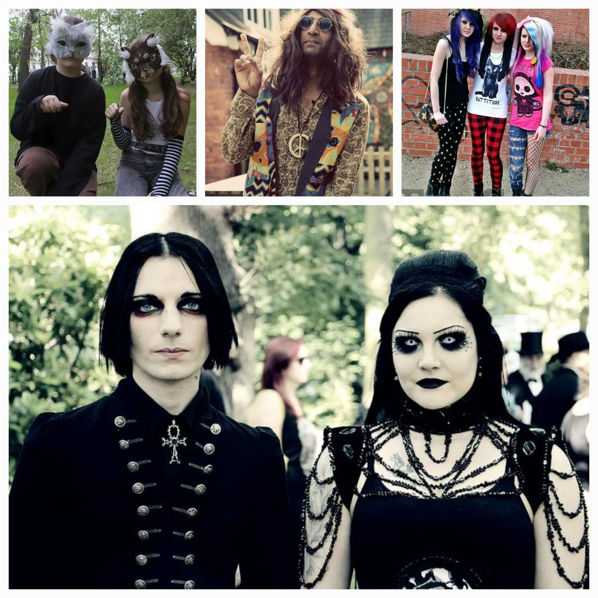 Коллаж. Представители субкультур : квадроберы,хиппи,эмо,готы. Фото из открытых источников.