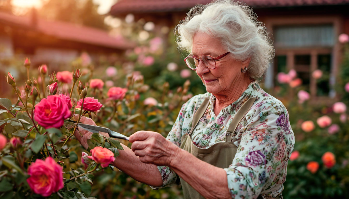 Пожилая женщина срезает розы в своем саду.