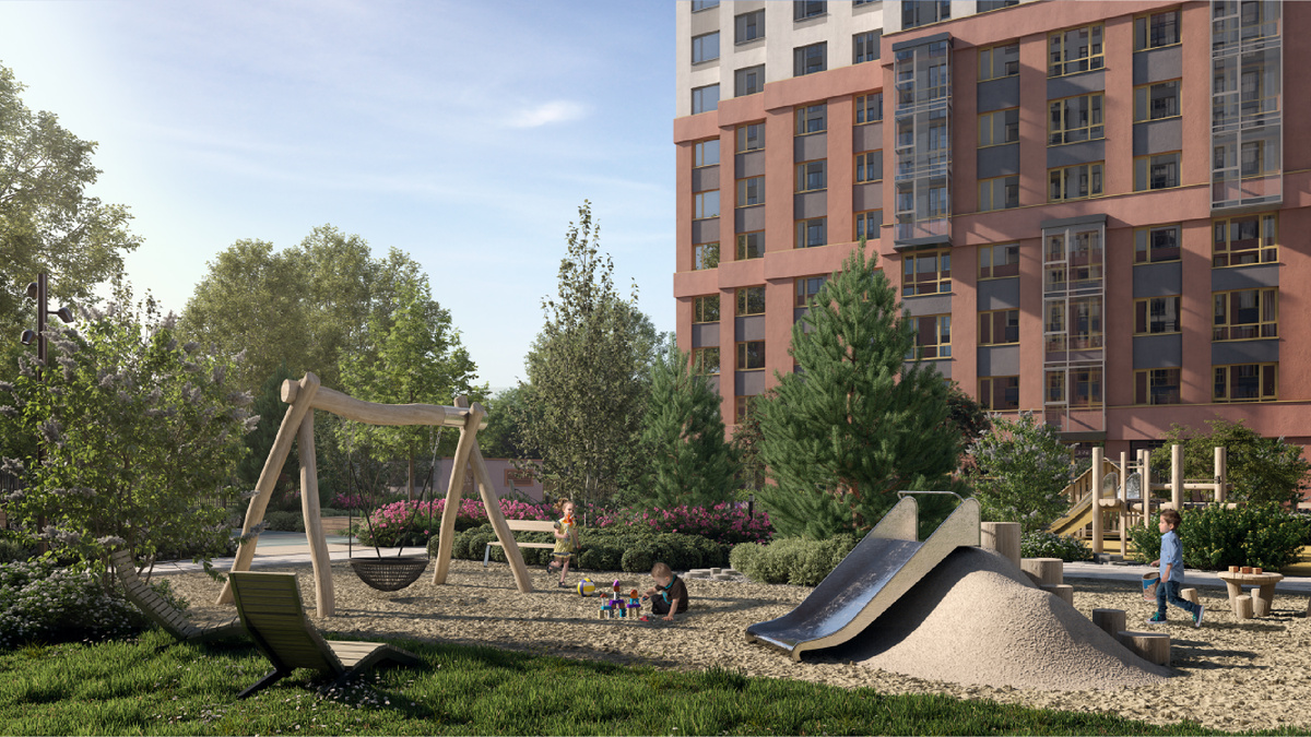 Двор с продуманным зонированием в «Квартале Моменты на Космонавтов»