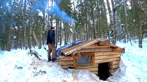 ПЕРВЫЙ РАЗ ТОПЛЮ ПЕЧЬ В ДОМЕ ПОД ЗЕМЛЕЙ _ ВСТРЕЧА С ЛОСЯМИ _ СТРОЙКА ЗЕМЛЯНКИ В ЗИМНЕМ ЛЕСУ