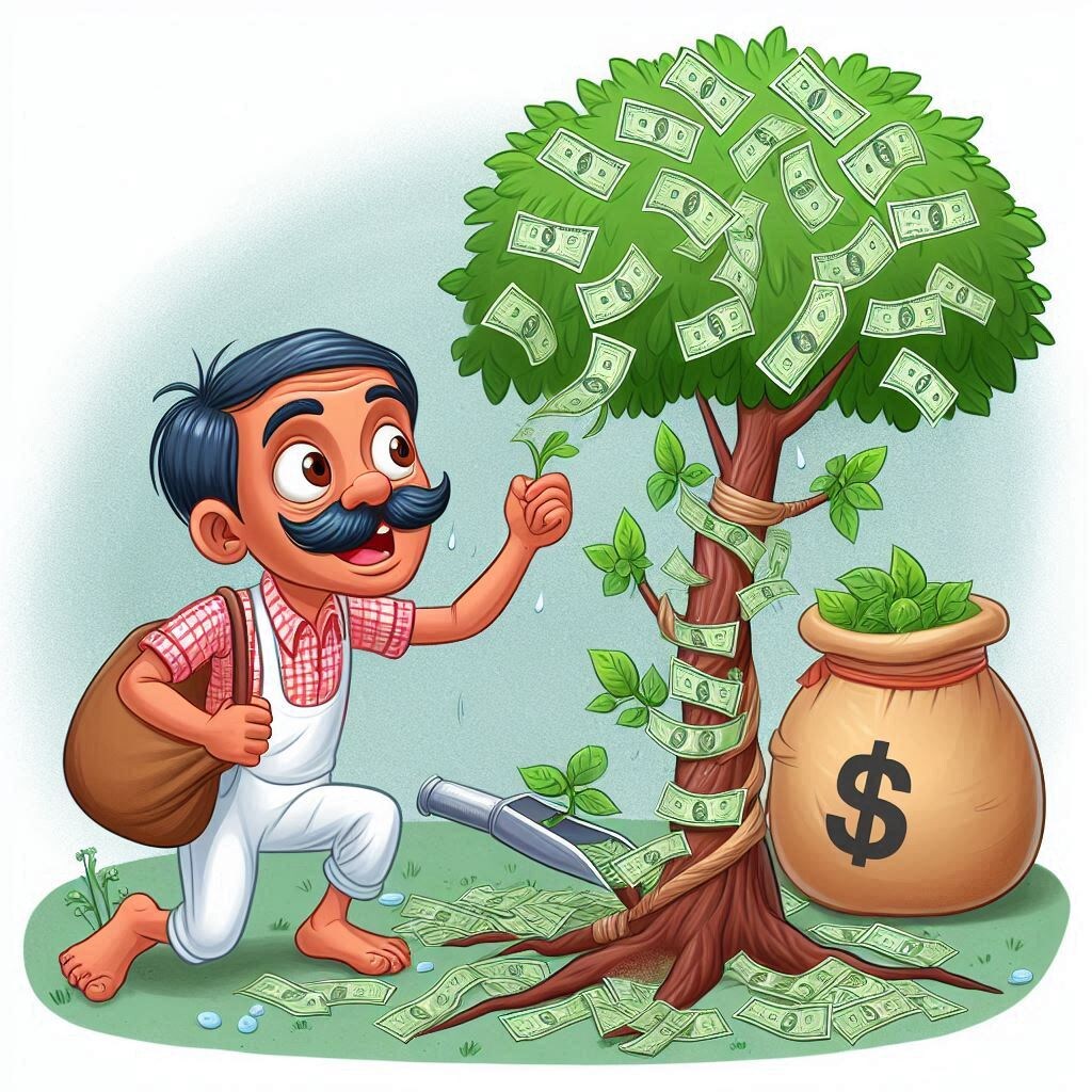 Человек, пытающийся вырастить деньги на дереве