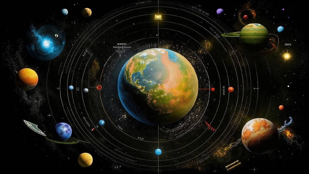 Геоцентрическая модель Солнечной системы (создано с помощью нейросети Kandinsky).
