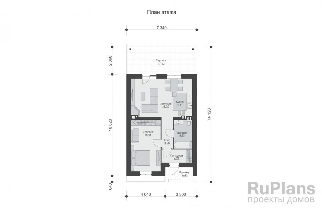 Прихожая - 4,21 м2 Холл - 3,98 м2 Ванная - 5,23 м2 Спальня - 15,65 м2 Гостиная - 19,35 м2 Кухня - 4,41 м2 