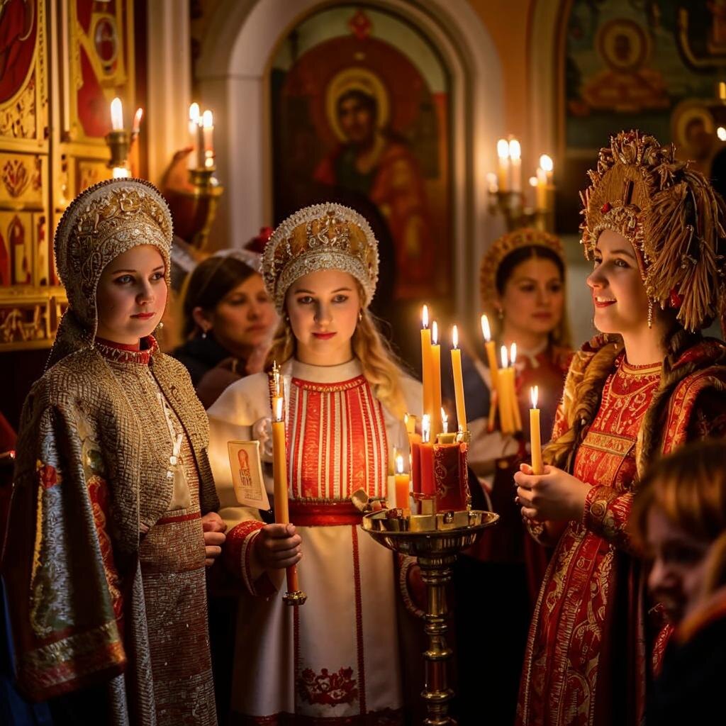 Вот такое изображение сгенерировала нейросеть на мой запрос: "Девушки в русских народных костюмах в храме в праздник Покрова Пресвятой Богородицы". Алгоритмы Дзена очень не любят использование изображений из поисковиков, поэтому приходится изгаляться и искать альтернативы:) Как вам? 