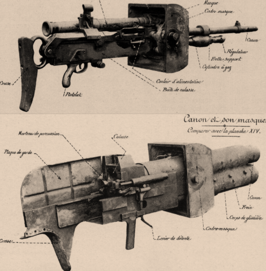 Рис. 2. Вооружение французского легкого танка поддержки пехоты «Renault FT»: наверху – 8-мм станковый пулемет Гочкисса обр. 1914 года (фр. «Mitrailleuse Hotchkiss Mle. 1914»); внизу – 37-мм танковая пушка Пюто обр. 1918 года (фр. «Canon de 37 mm SA 18 Puteaux») 