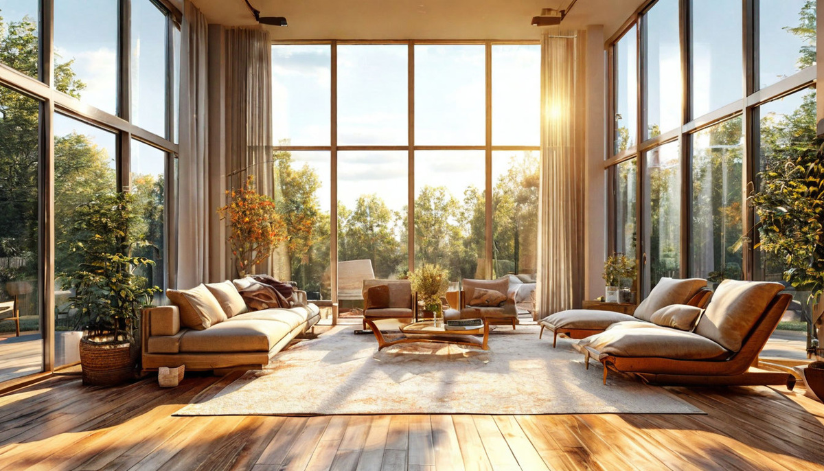 Просторная светлая комната с большими окнами, залитая солнечным светом.