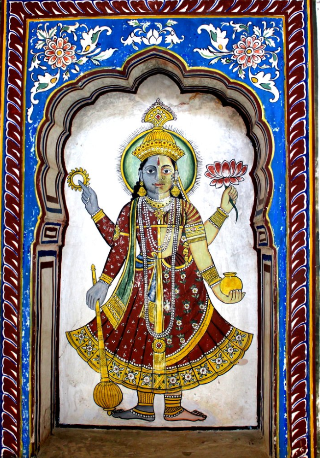 Фреска Вайкунтхи Камаладжи в североиндийском стиле в музее Подар Хавели, Навалгарх, Раджастхан.