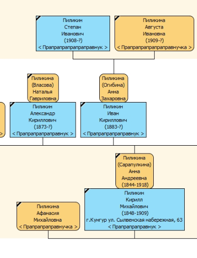 Фрагмент древа Пиликиных из Кунгура: ветка Ивана Кирилловича, моего прапра деда, где указаны толкьо его двое старших детей из пяти.