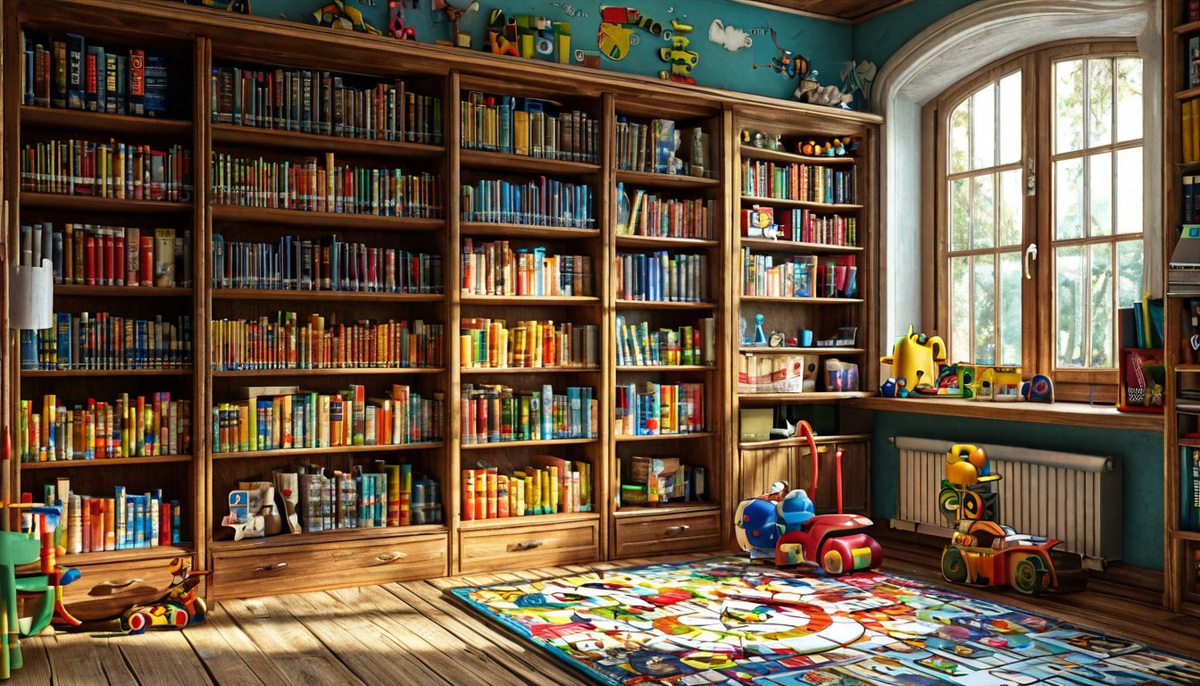 Уголок с мини-библиотекой и пазлами на полу – идеальная комната для юных исследователей.