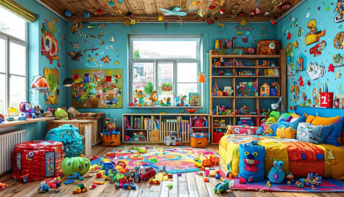 Красочная детская комната с яркими рисунками на стенах и хаотичным разбросом игрушек – это место, где творческий хаос считается нормой.