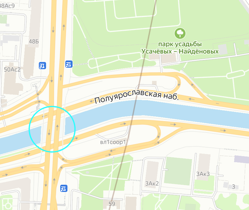 Высокояузский мост на карте современной Москвы (голубой кружочек). Яндекс.Карты.