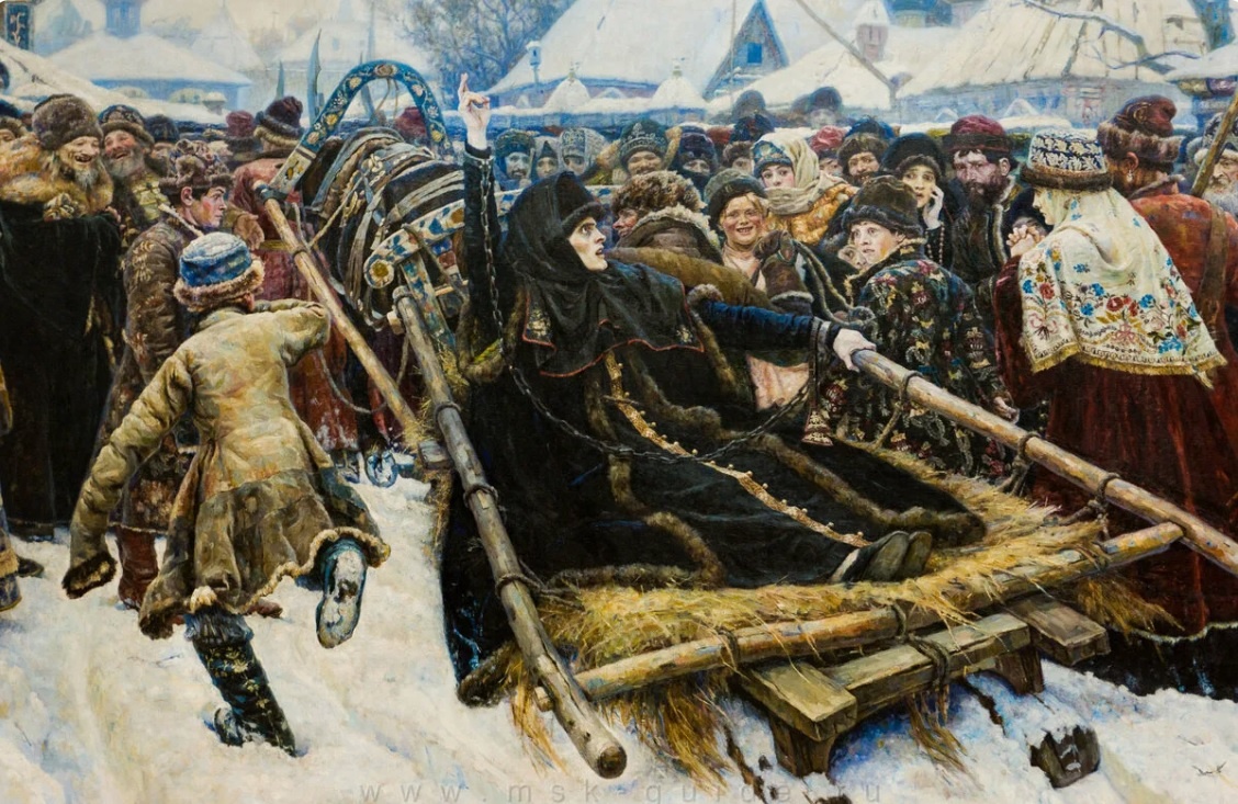 Фрагмент картины Сурикова «Боярыня Морозова» из Третьяковской галереи.
Изображённая на ней Феодосия Морозова, не колеблясь, отдала жизнь за то, что считала
Истиной. Но доказательств не требовалось при этом ни ей самой, ни её гонителям.