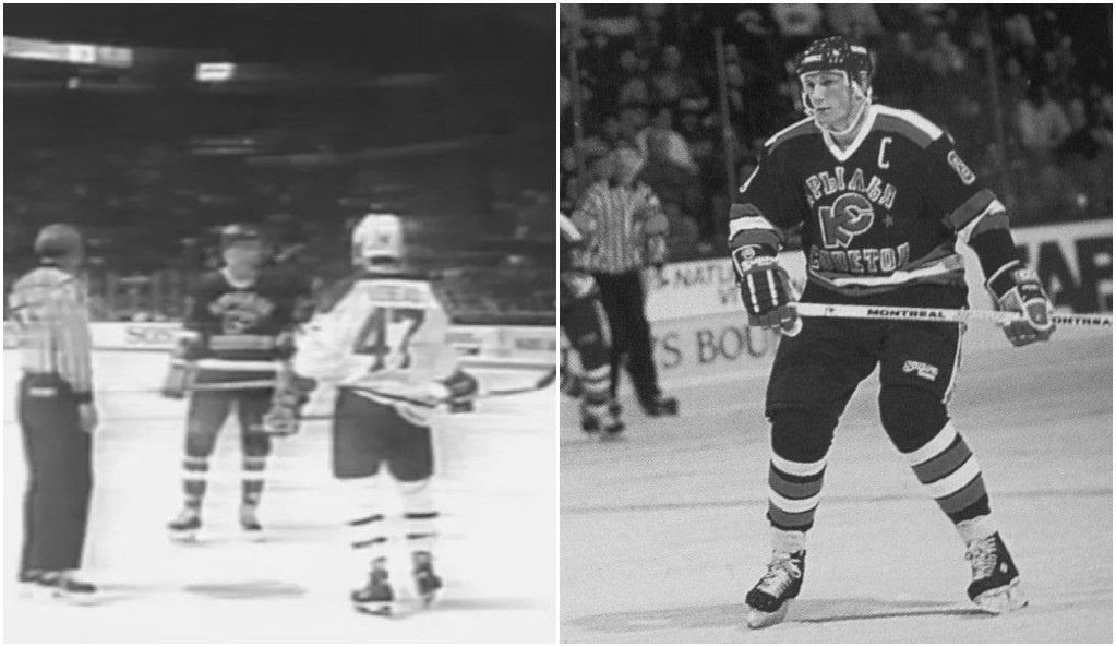 03.01.1990. «Крылья Советов» - «Монреаль Канадиенс» - 1:2. Слева: на вбрасывании Сергей Одинцов и Стефан Лебо. Справа: Сергей Немчинов – автор единственной шайбы в ворота «Монреаля». Коллаж автора. Фото взяты из открытого источника Яндекс.Картинки