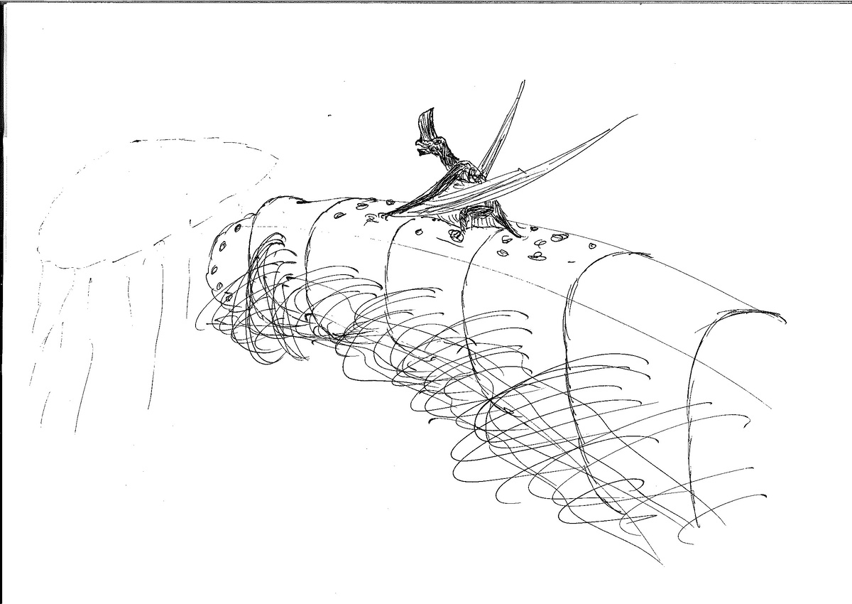Фальшион помогает червю-хозяину в атаке на медузоида. Рисунок автора.
