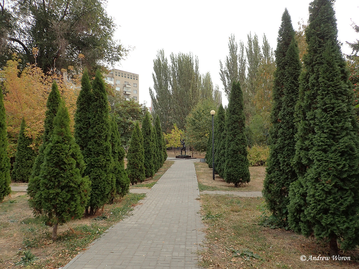Аллея пирамидальных туй в сквере им. Олега Янковского, у Городского театра драмы им. И.А. Слонова. Сюда я зашел только ради памятника великому артисту