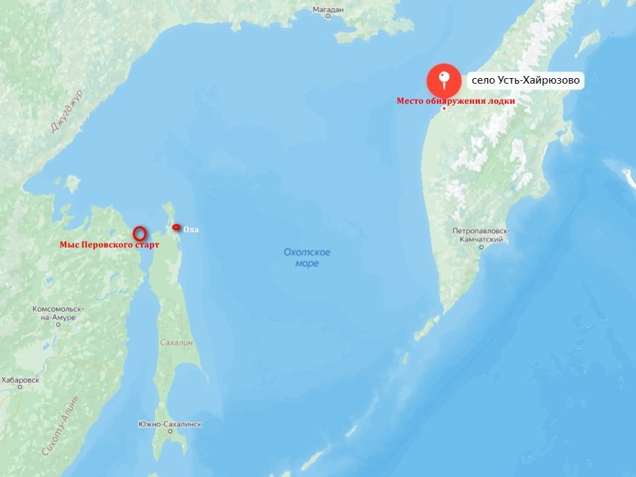 Точка старта - мыс Перовского, планируемый финиш - Оха и место обнаружения лодки - 23 км от  побережья Камчатки.