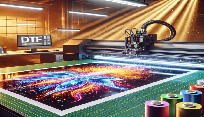 Процесс печати на пленке с помощью UV-принтера, где чернила мгновенно закрепляются под воздействием ультрафиолетового света