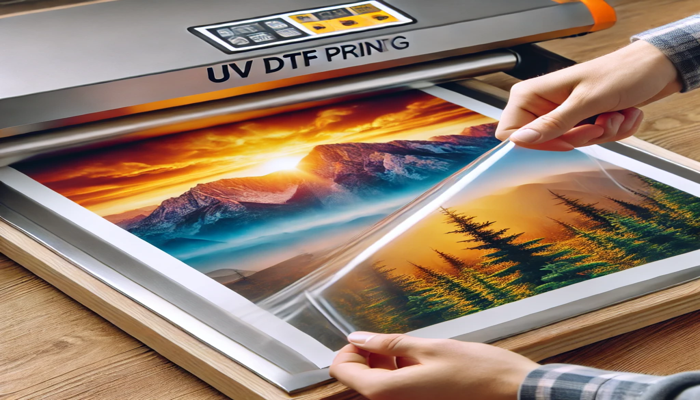 Процесс UV DTF печати, начиная с нанесения чернил на пленку и заканчивая трансфером на поверхность