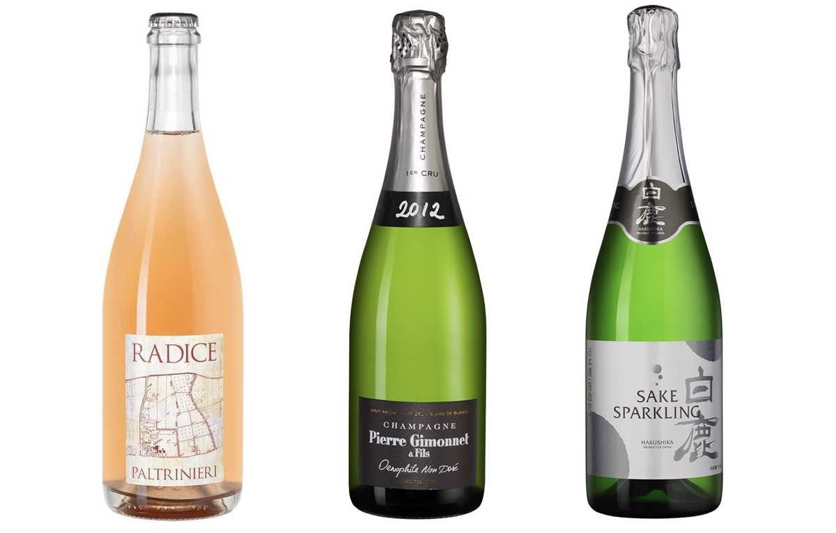 Слева направо: шипучее вино Lambrusco di Sorbara Radice, Paltrinieri, 2022; шампанское Oenophile 1er Cru, Pierre Gimonnet & Fils, 2012; саке Hakushika Sparkling Sake