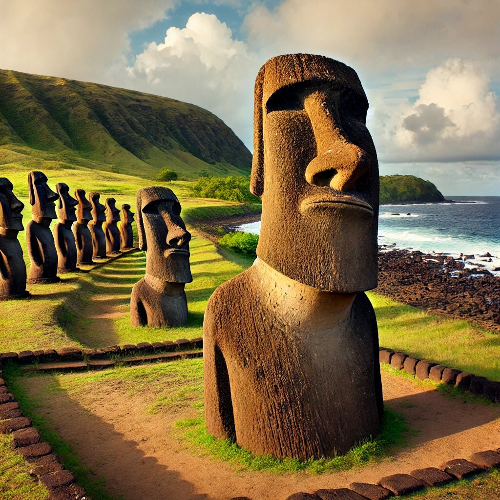 Панорамный вид острова Пасхи с несколькими статуями моаи вдоль побережья.