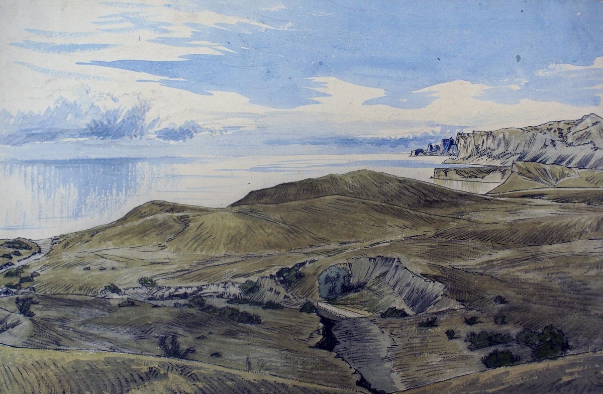 Художник: Александр Бенуа. "Крымский пейзаж около Судака" - 1916 год. (Акварель из собрания Государственного Эрмитажа). "Вот, как раз на центральном холме над морем сейчас стоит маяк, а чуть левее на холме сейчас известная фигура человека, левый край картины это нынешняя костровая - справа же виден мыс Француженка, а за ним гора Алчак и на горизонте Новый Свет" - описывает картину блогер Александр Кирьяков. 