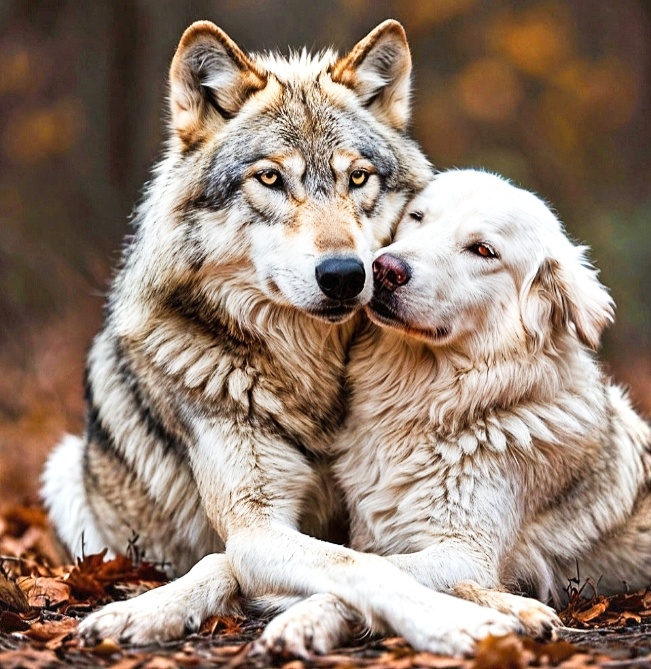 Волк с белой собакой в обнимку