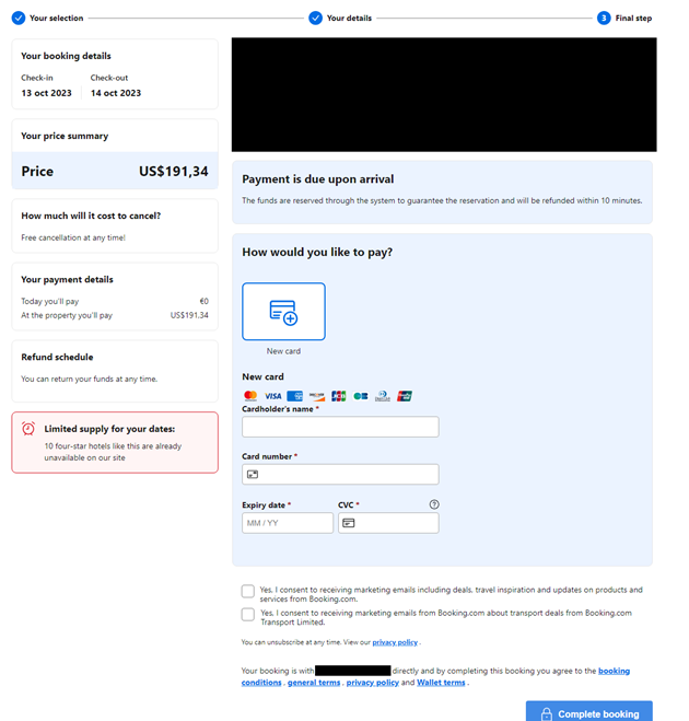 Пример поддельной формы оплаты Booking.com, созданной Telekopye